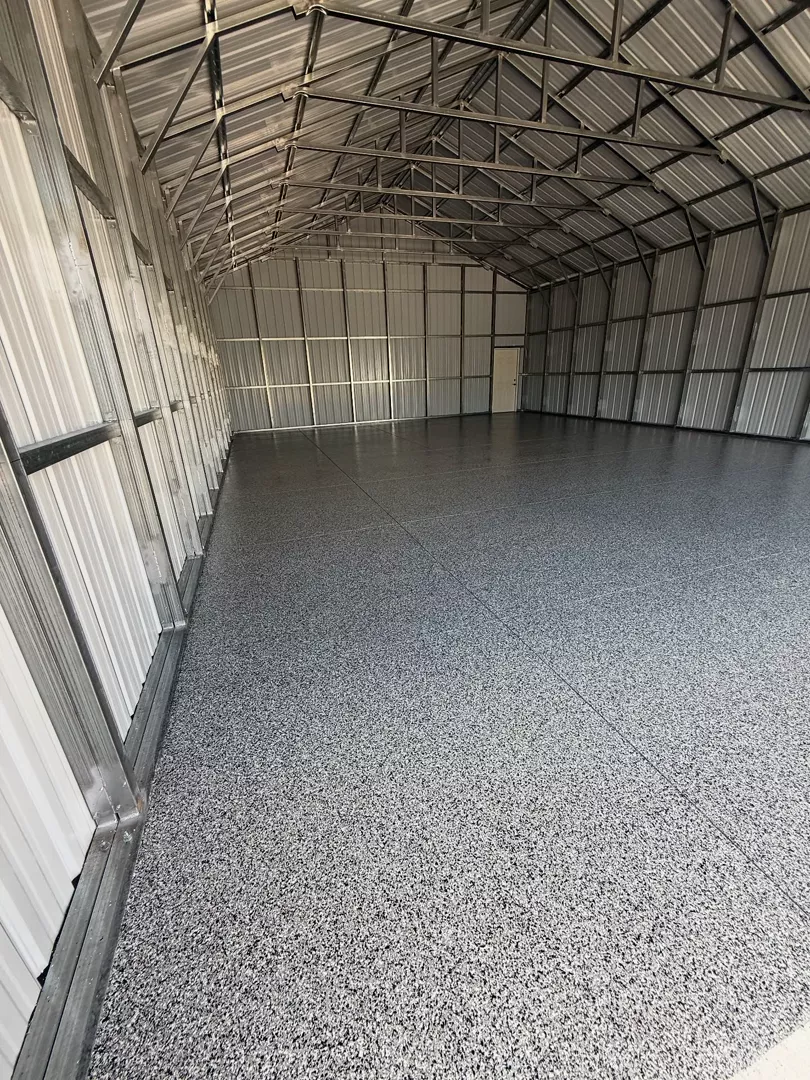 Gray flake floor inside a metal storage building